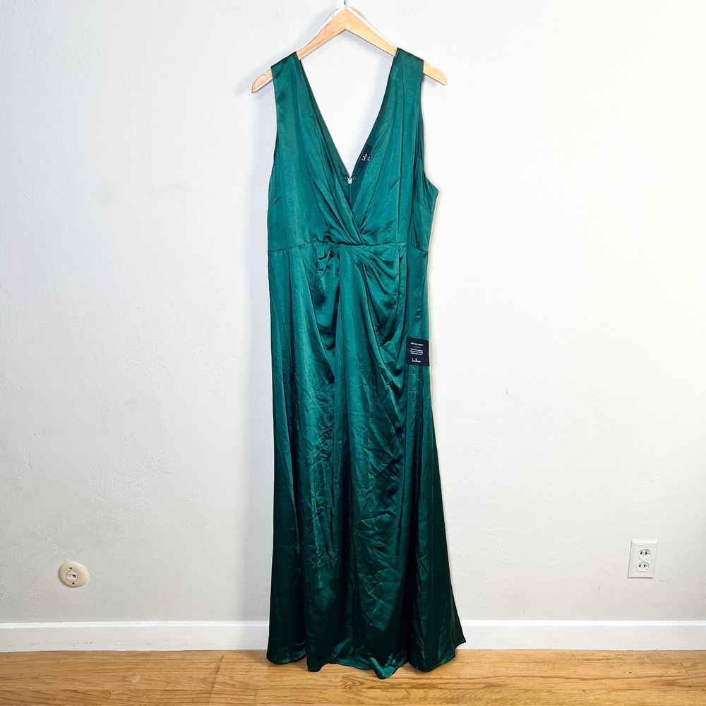 Lulus Emerald Green Satin V-Neck Twisted Front Maxi Dress Gown‎ 1X NWT FLAW